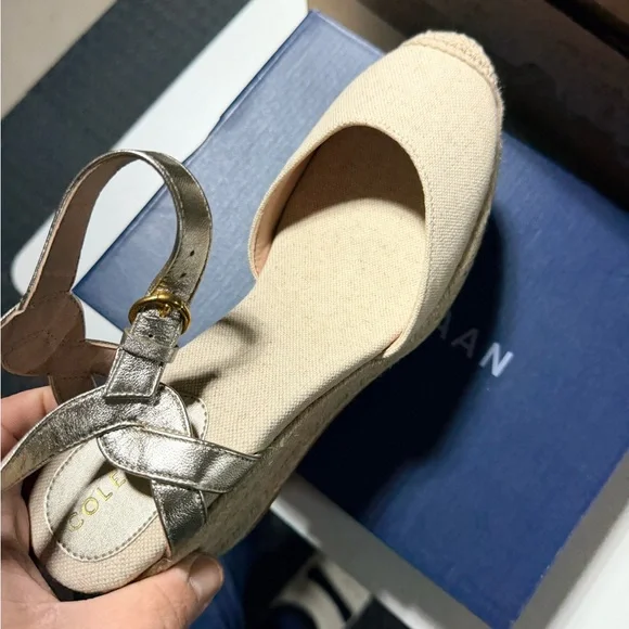 Cole Haan Cream Canvas Espadrille Wedges with Gold Metallic Straps - Picture 4 of 6